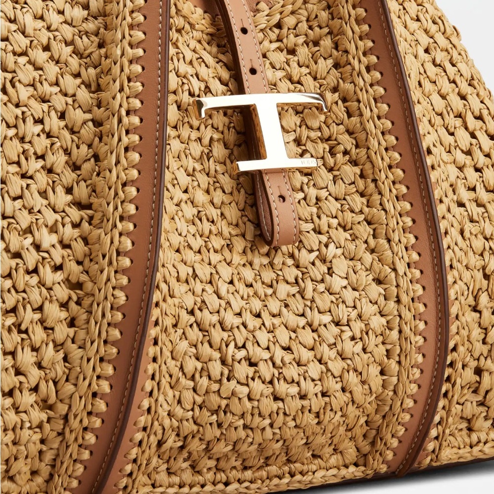 Tod's Tan Medium Raffia T Timeless Tote Shopping Bag - Picture 6 of 6